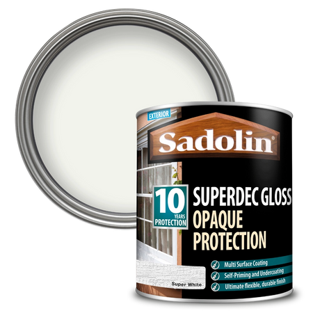 Sadolin Superdec Gloss paint can with a sample of white paint on a white background