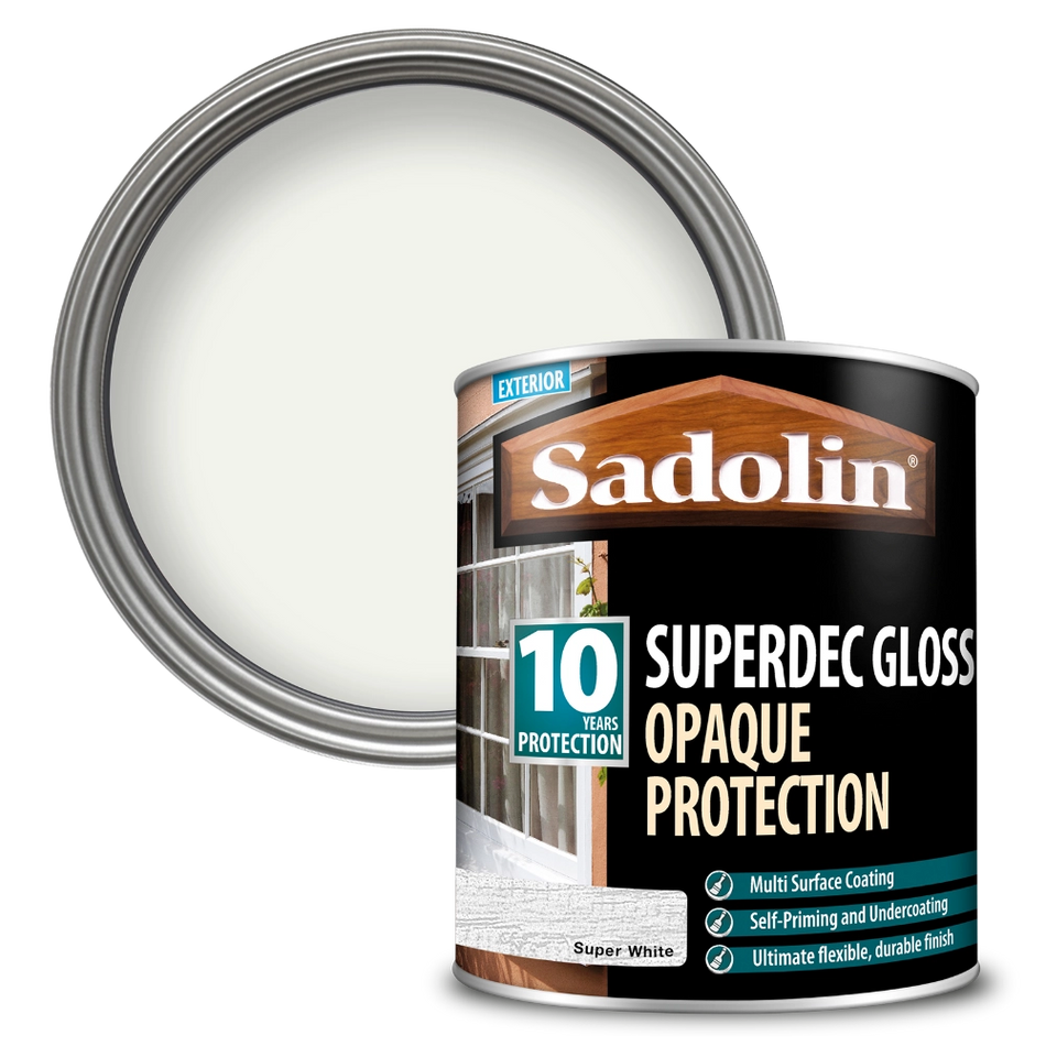 Sadolin Superdec Gloss paint can with a sample of white paint on a white background
