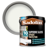 Sadolin Superdec Gloss exterior paint can with a white paint sample on a white background