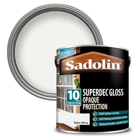 Sadolin Superdec Gloss exterior paint can with a white paint sample on a white background