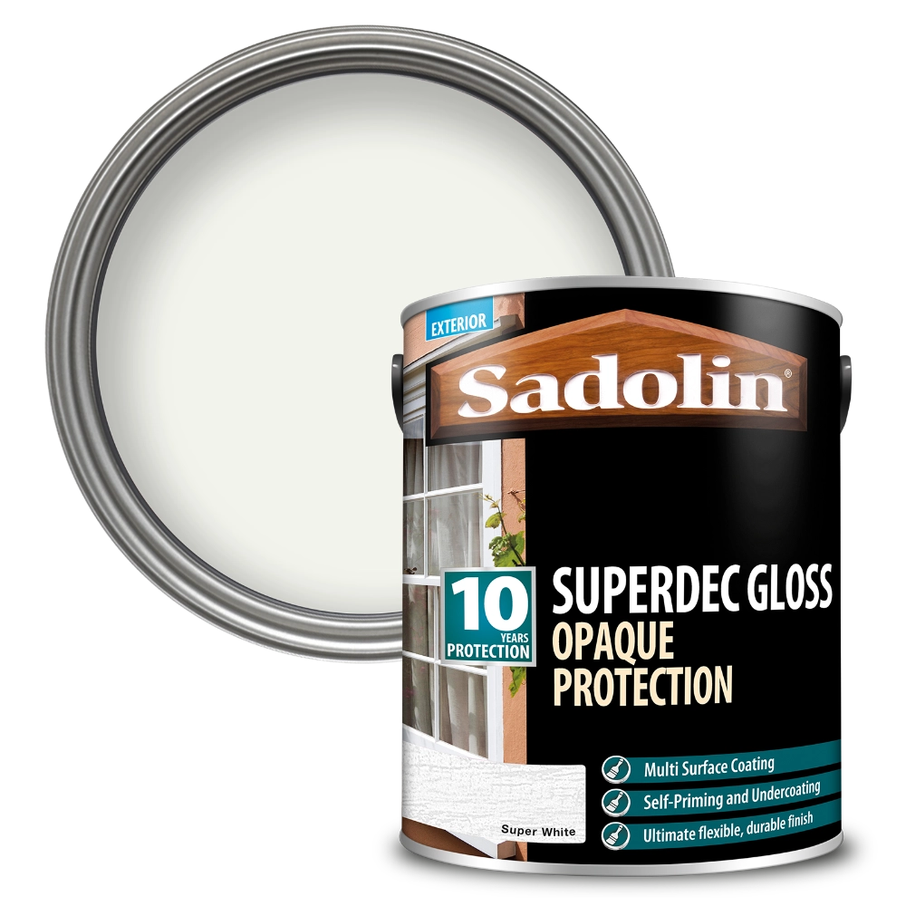 Sadolin Superdec Gloss Opaque Protection paint can with a close-up of the paint inside.