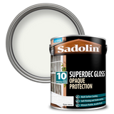 Sadolin Superdec Gloss Opaque Protection paint can with a close-up of the paint inside.