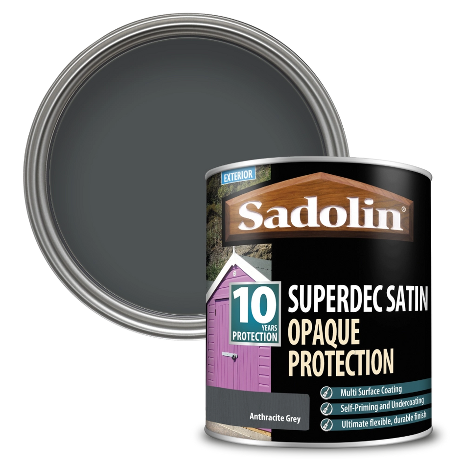 Sadolin Superdec Satin paint can with anthracite gray paint