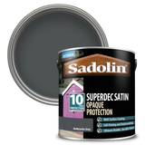 Sadolin Superdec Satin Opaque Protection paint can with anthracite gray color swatch