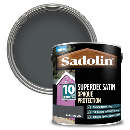 Sadolin Superdec Satin Opaque Protection paint can with anthracite gray color swatch