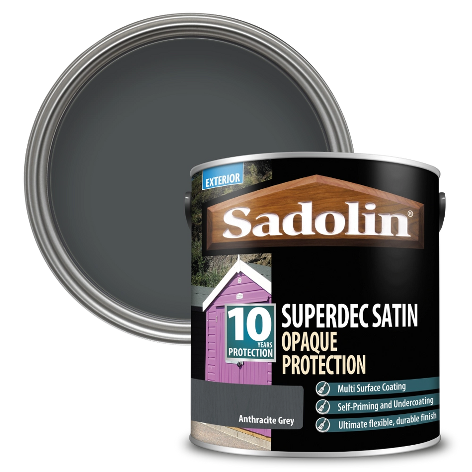 Sadolin Superdec Satin Opaque Protection paint can with anthracite gray color swatch