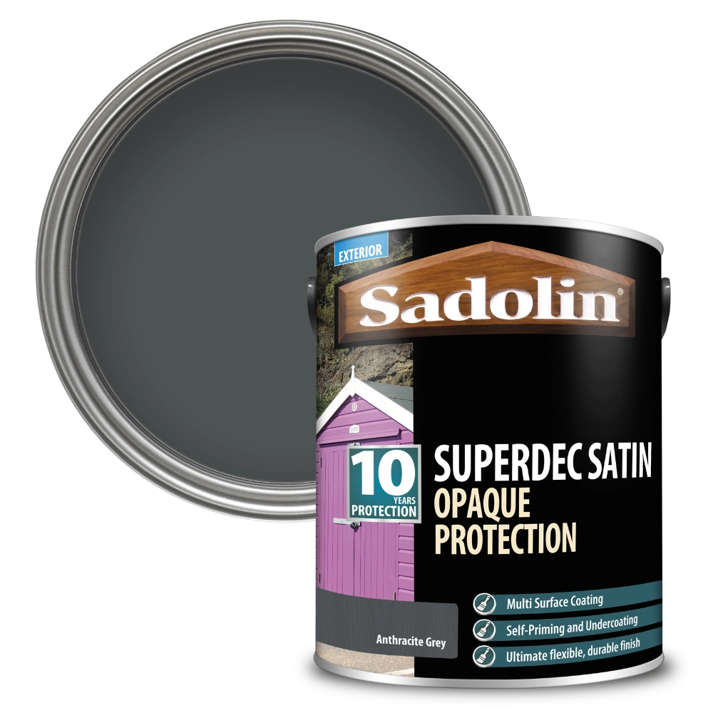 Can of Sadolin Superdec Satin Opaque Protection paint with a Anthracite Grey color swatch.