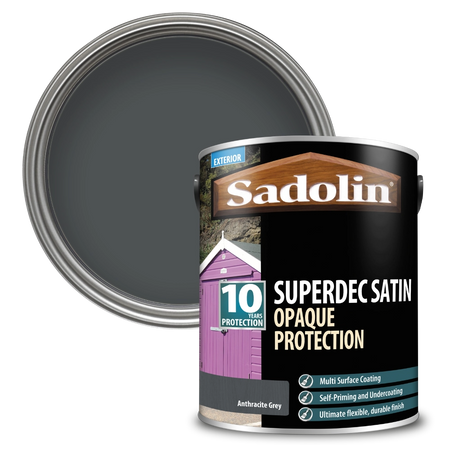 Can of Sadolin Superdec Satin Opaque Protection paint with a Anthracite Grey color swatch.
