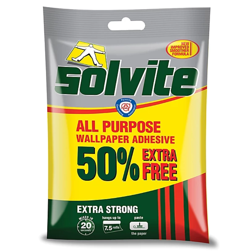 Solvite all-purpose wallpaper adhesive packaging with promotional text on a white background
