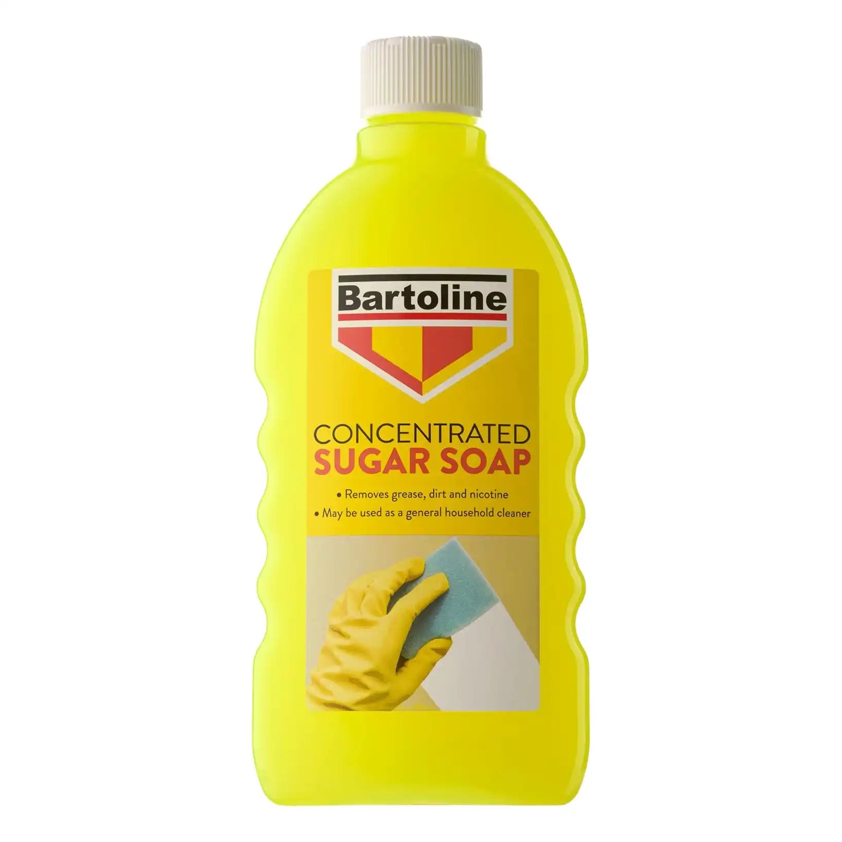 Yellow bottle of Bartoline concentrated sugar soap on a white background