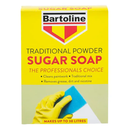 Box of Bartoline traditional powder sugar soap with a gloved hand holding a blue sponge.
