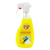 Yellow bottle of Bartoline sugar soap with a spray nozzle on a white background