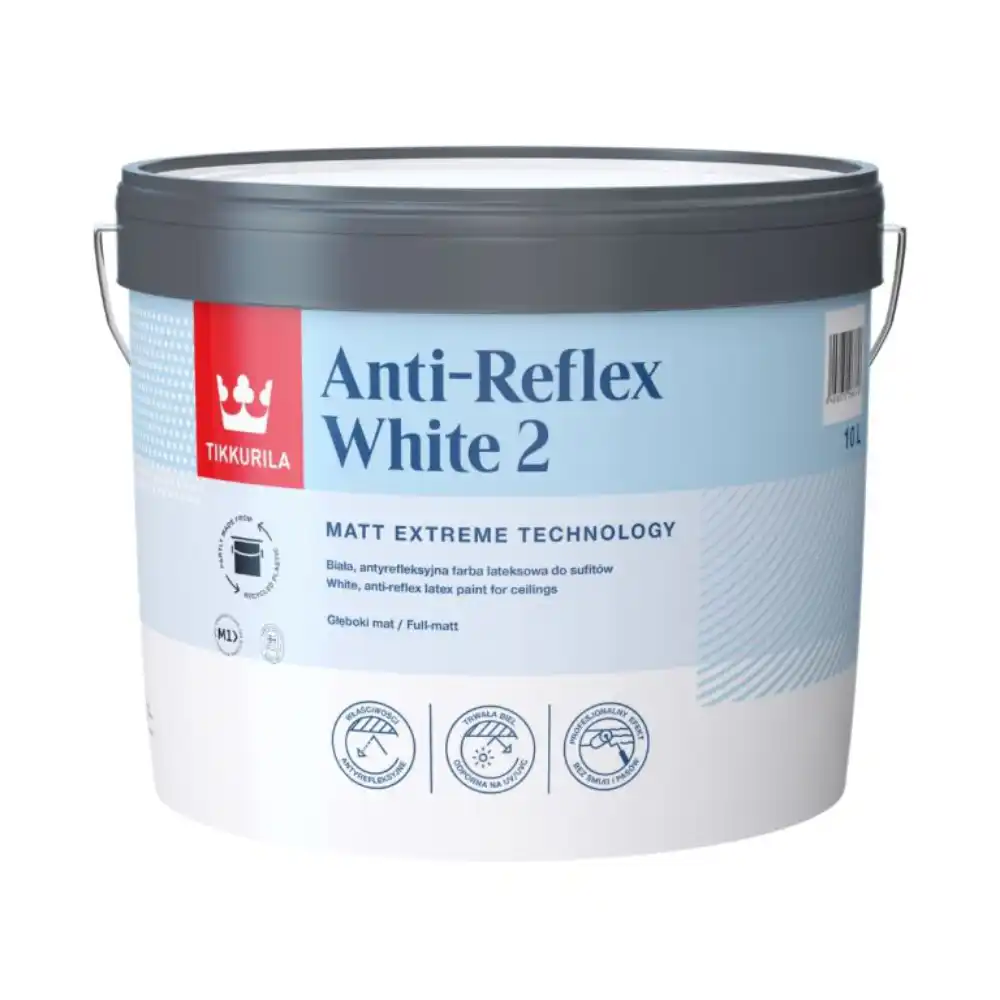 10L Tikkurila Anti-Reflex 2 White paint can – ultra-matt ceiling paint for a flawless, non-reflective finish.