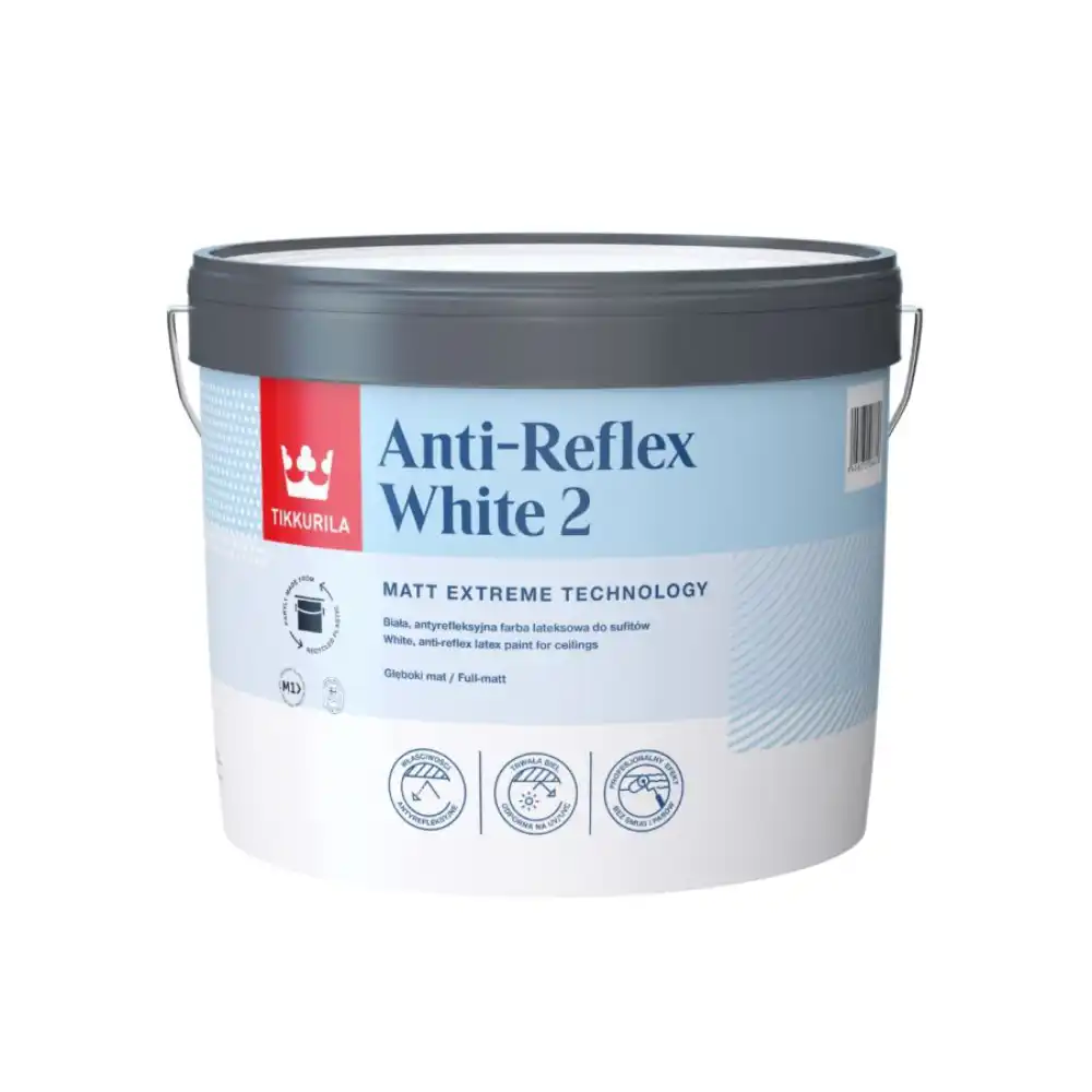 3L Tikkurila Anti-Reflex 2 ultra-matt ceiling paint – professional-grade anti-flash formula.