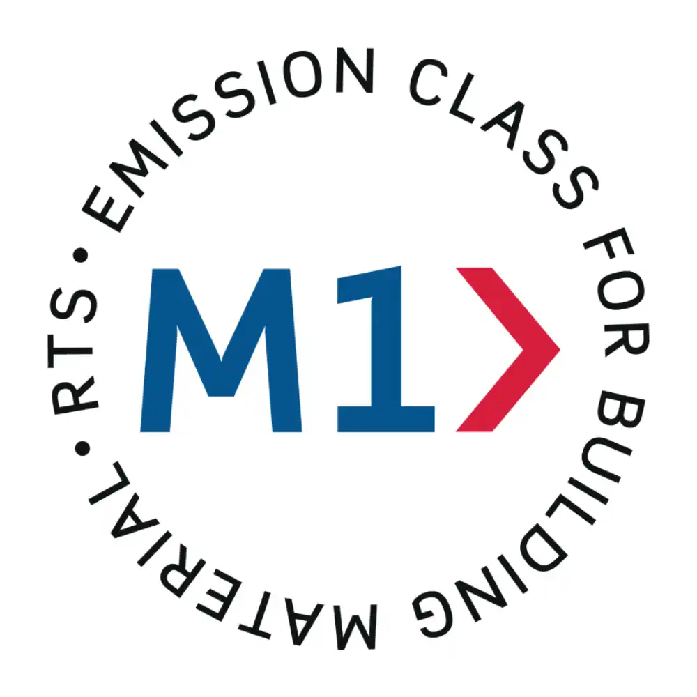Logo with 'M1' in blue and red, surrounded by text about emission class for building material on a white background.