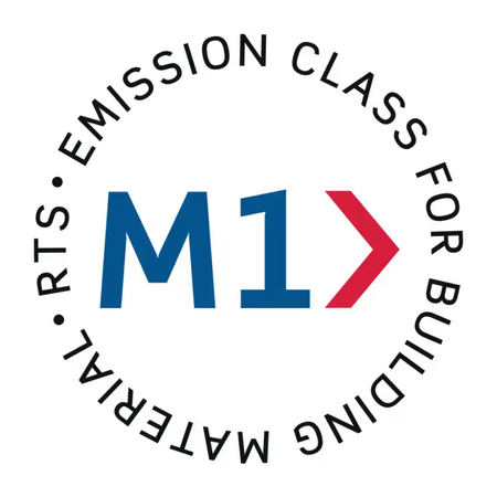 Logo with 'M1' in blue and red, surrounded by text about emission class for building material on a white background.
