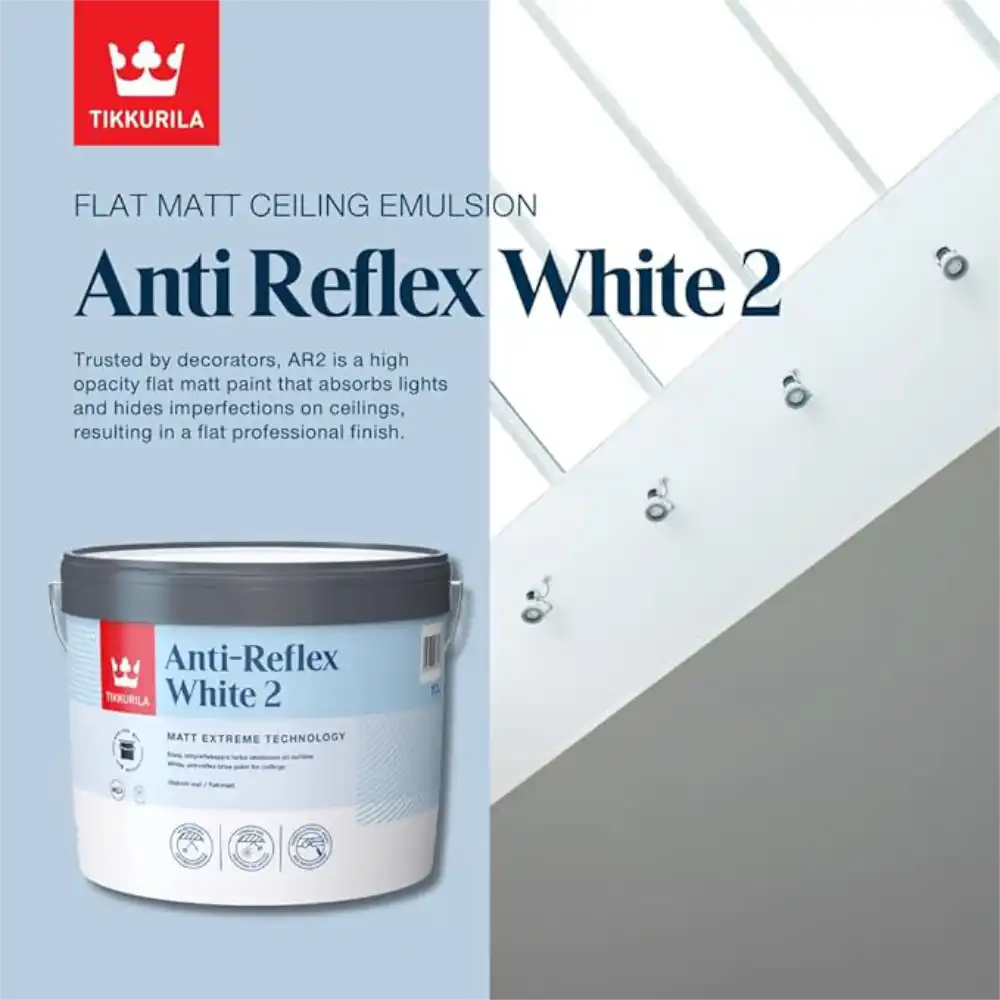 Tikkurila Anti Reflex White 2 ceiling emulsion paint container with text on a light blue background