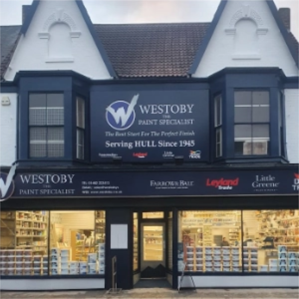 Westoby Paint Specialist store front with branding and product display